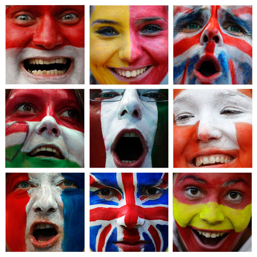 A series of pictures show painted faces of fans from different countries during the London 2012 Olympic Games. Painted faces of Olympic fans